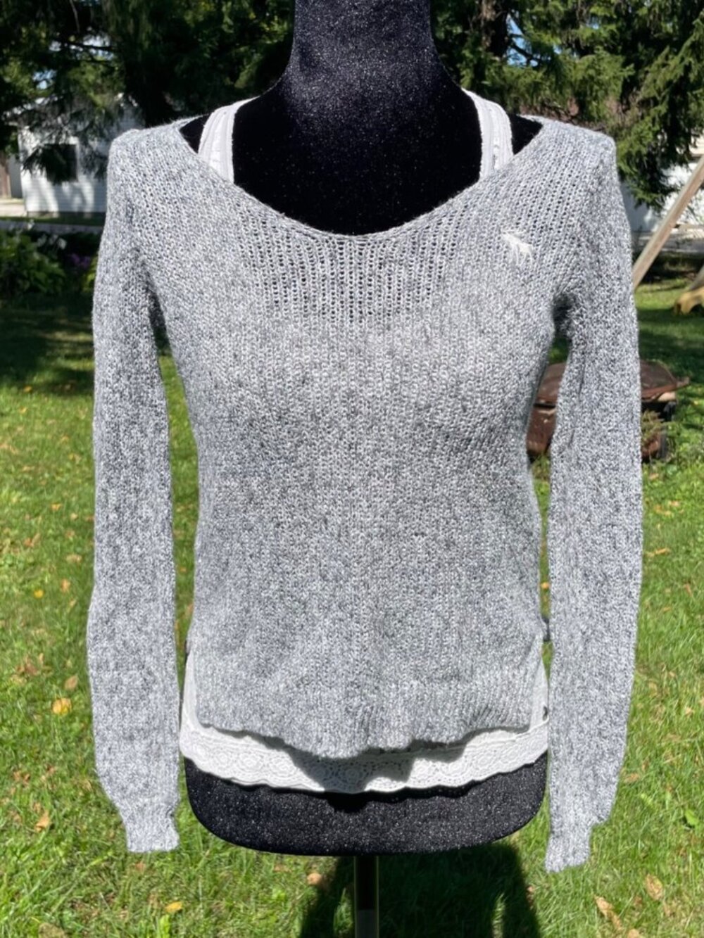 Vintage Y2K Abercrombie Sweater Womens S Gray Open Knit Embroidered Sheer Preppy